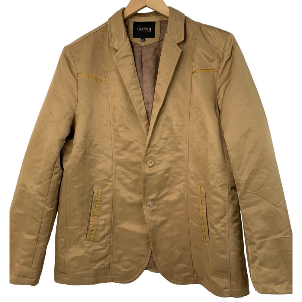 Giannii Mens 2XL Beige Satin Blazer Jacket Two-Button Lined Slim Fit Gold 8003